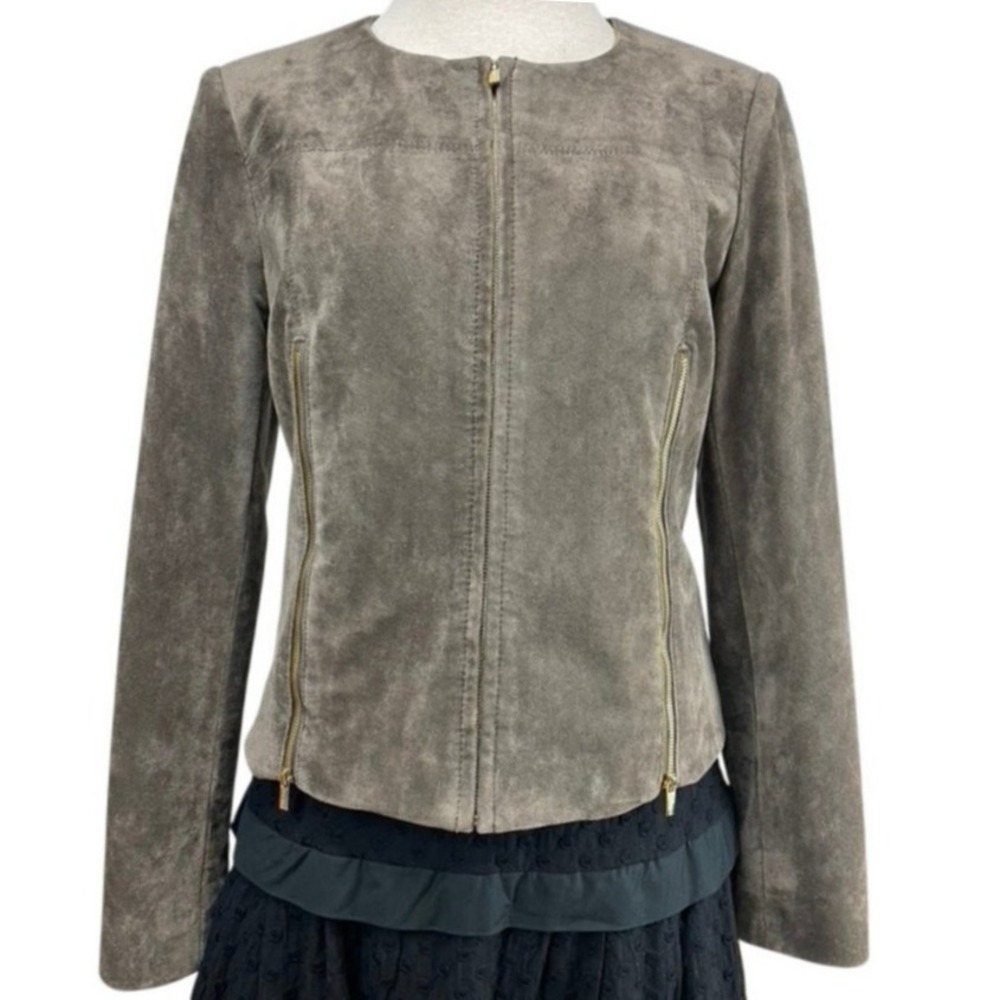 CALVIN KLEIN Womens (8) Taupe‎ Gray Faux Suede Gold Zipper Jacket Coat Vegan CBK